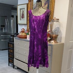100% Silk Mon Cheri Purple Satin Dress with Floral Jacquard